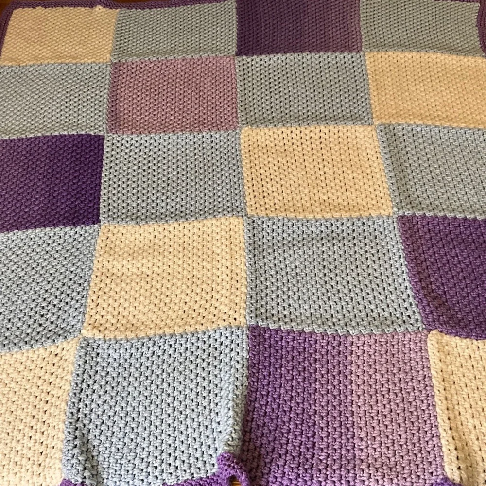 Handmade Patchwork Crochet Blanket Cozy Throw Purple‎ Tan Gray Baby Toddler